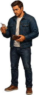 A man in a work jacket checking the notes in his wallet