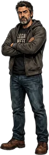 A weathered man with a beard and a leather jacket, arms folded