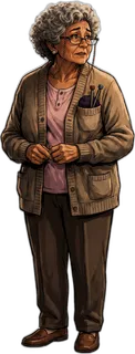 An older woman in a cardigan and glasses, glancing sideways with her hands clasped