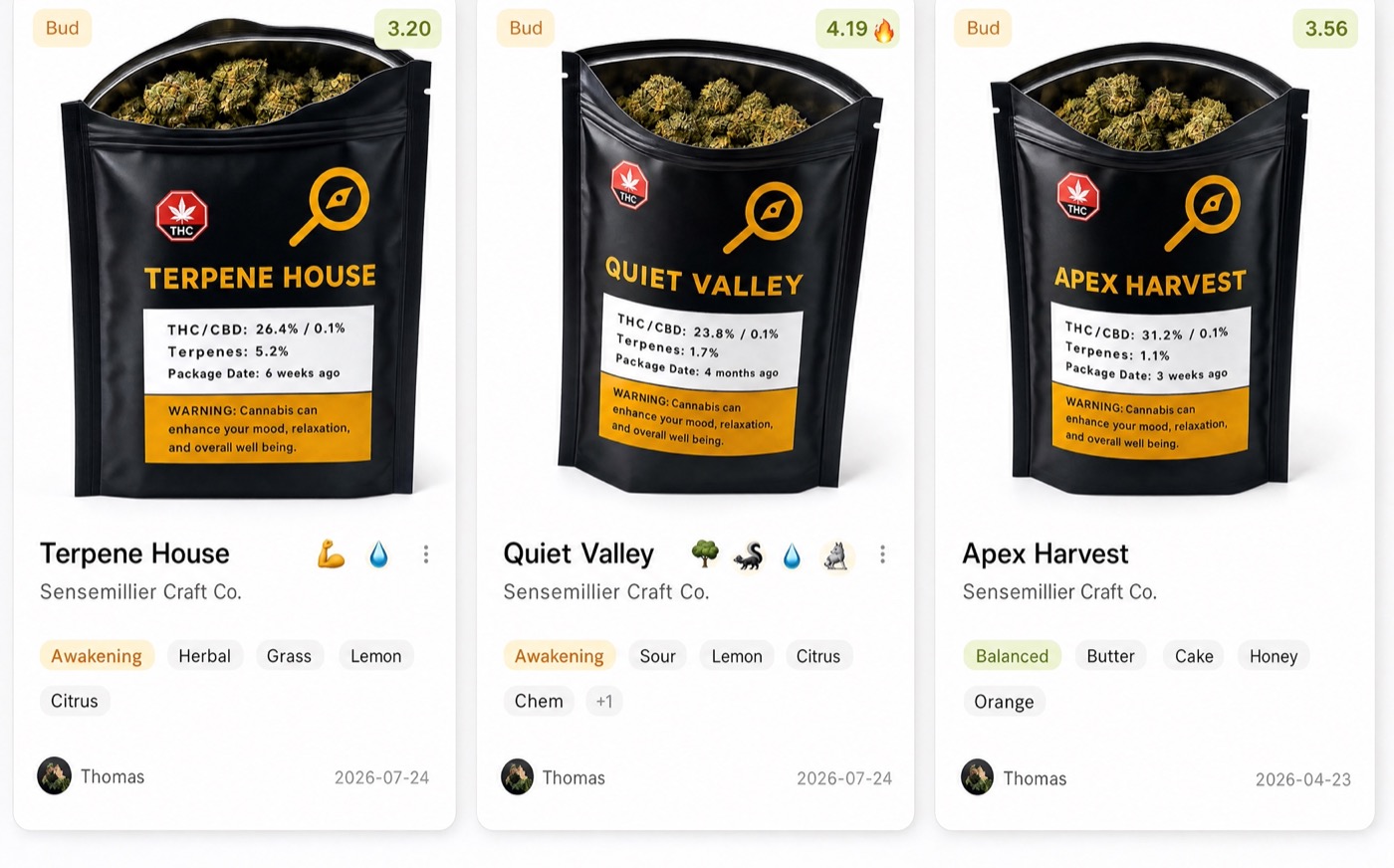Sensemillier grading interface showing the three products scored: Terpene House 3.20, Quiet Valley 4.19, Apex Harvest 3.56